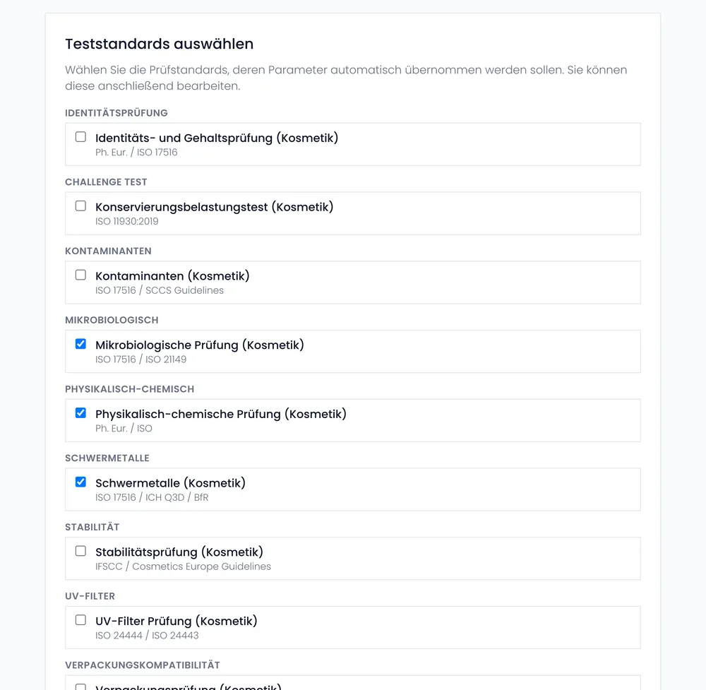 Auswahl der Prüfstandards